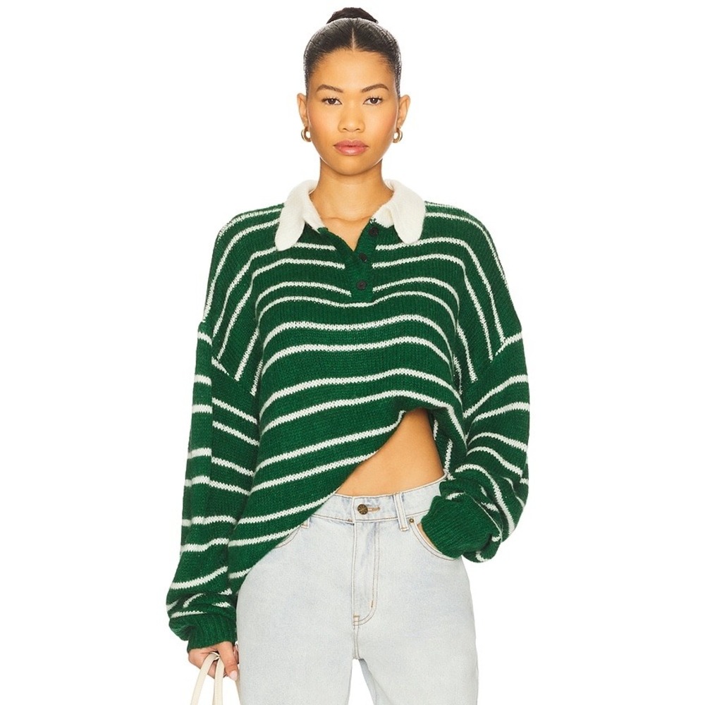 Lioness Rising Sun Jersey Forest Green Striped Collared Sweater S/M